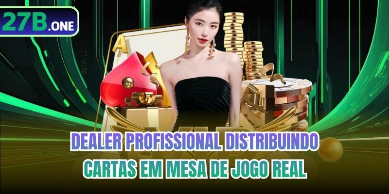 Dealer profissional distribuindo cartas em mesa de jogo real